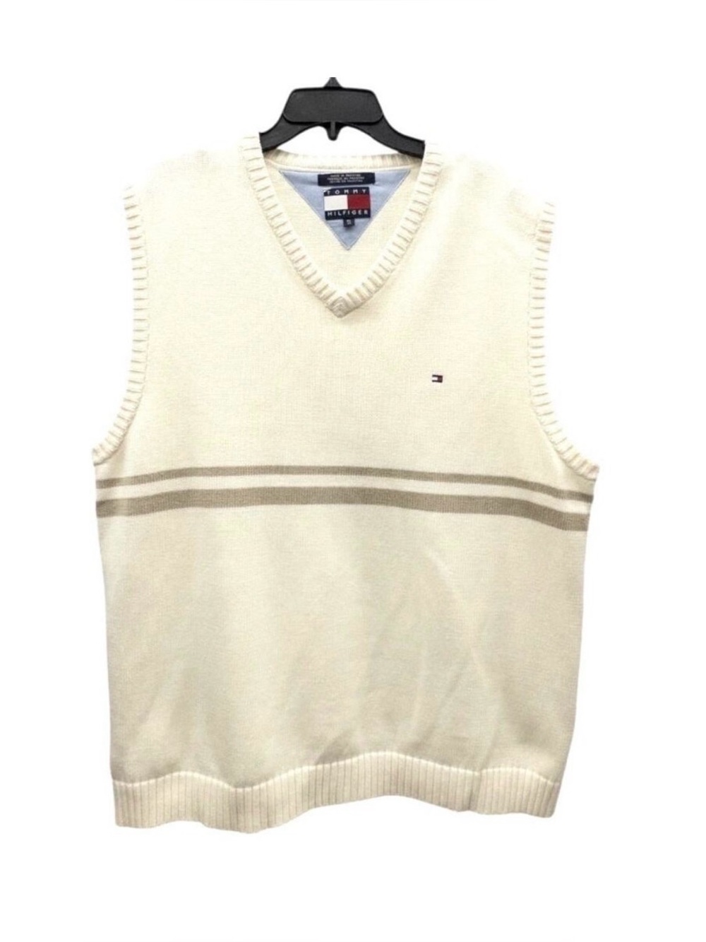 Vintage 90's Tommy Hilfiger Cream V Neck Sweat Vest Tan Stripe Men's XL